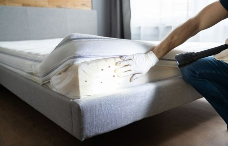 Pest control technician inspecting a mattress seam for bed bugs in a Conroe, TX home