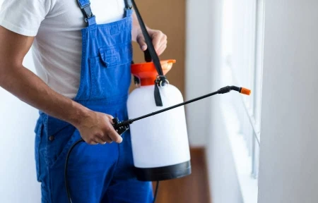 Pest control technician treating a baseboard for termite activity in a Conroe, TX home