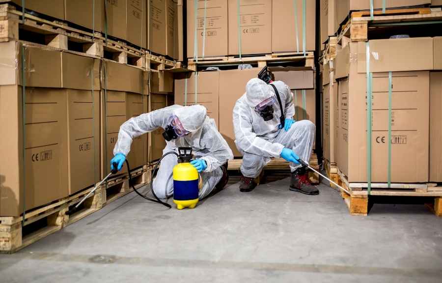 Two licensed pest control technicians in protective gear treating a garage or storage area for spiders in a Conroe, TX property