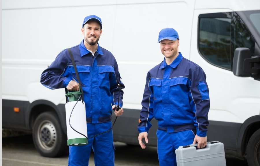 Two pest control technicians standing in front of a service van, ready for a Conroe, TX pest control appointment