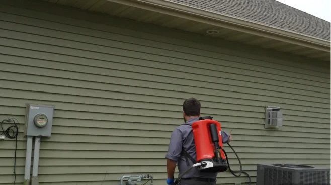 Home 1 Licensed pest control technician spraying the exterior of a Conroe, TX home for pest prevention